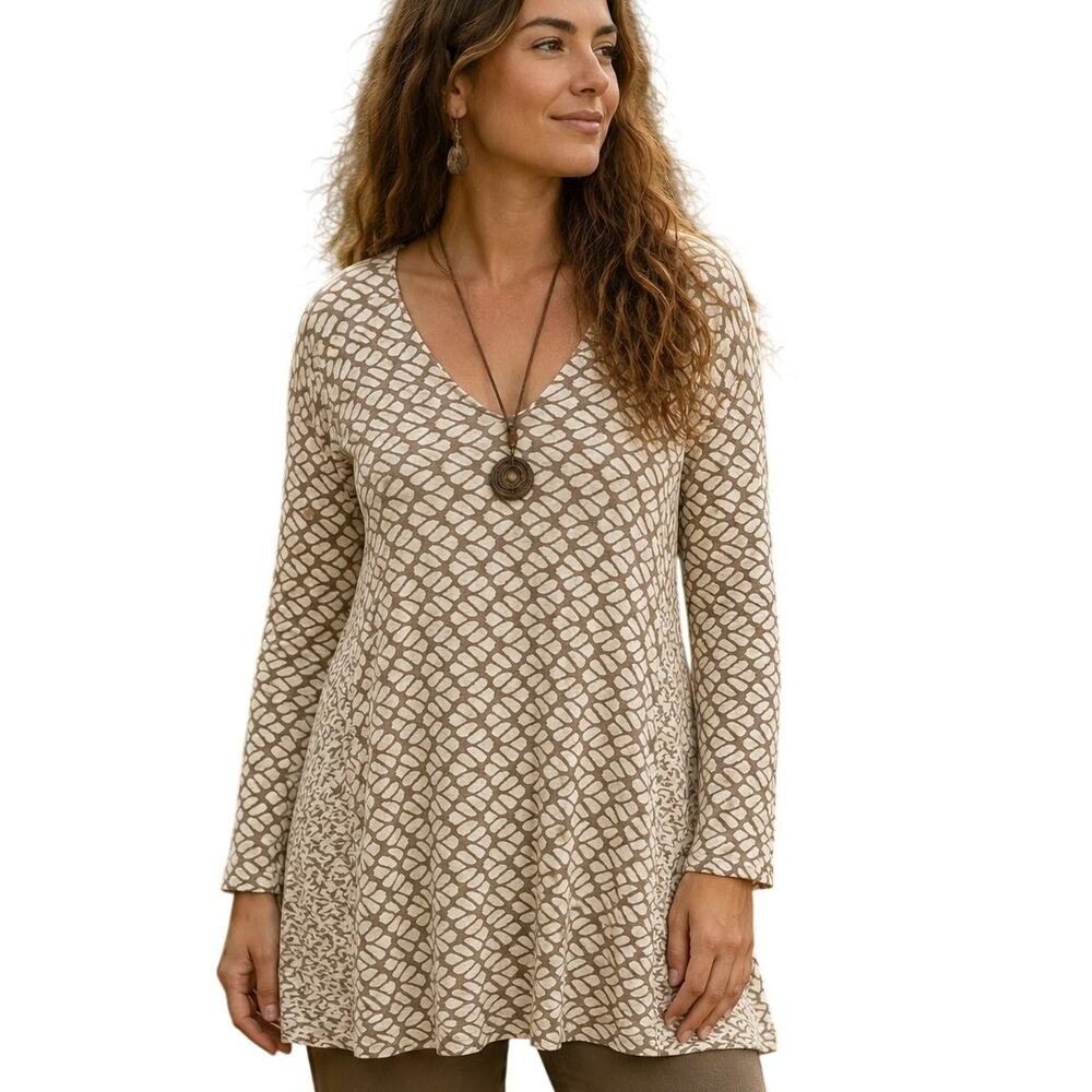 Tianello Cream Jacquard Payton Tunic Womens Large Knit Lagenlook Top Mixed Print